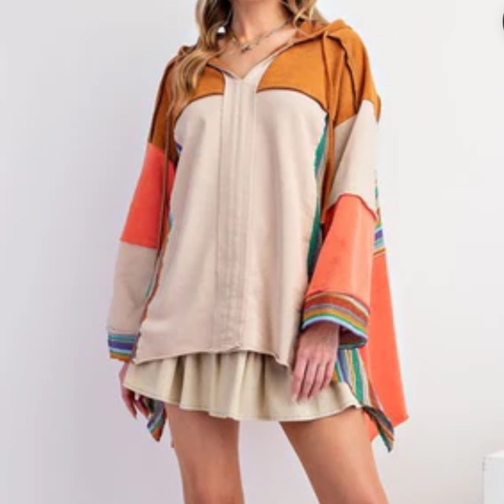 easel Multicolor Striped Hooded Sweatshirt with Tan and Orange Panels - Picture 3 of 7